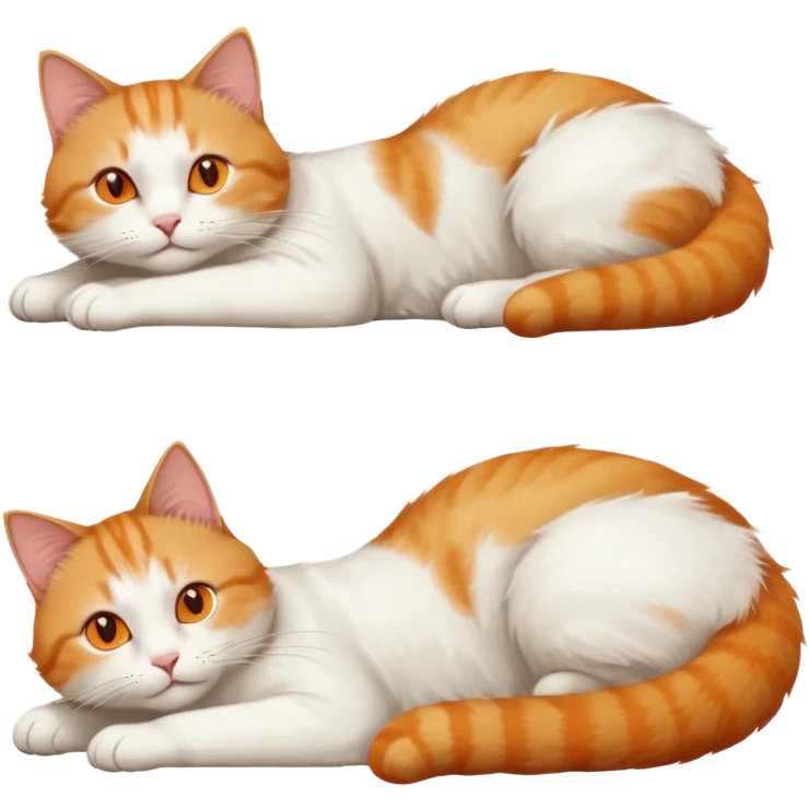 ginger and white cat with orange eyes doing a big extremely long stretch reaching up into the air with arms and legs side by side together straight and overextended whilst lying on its side emoji