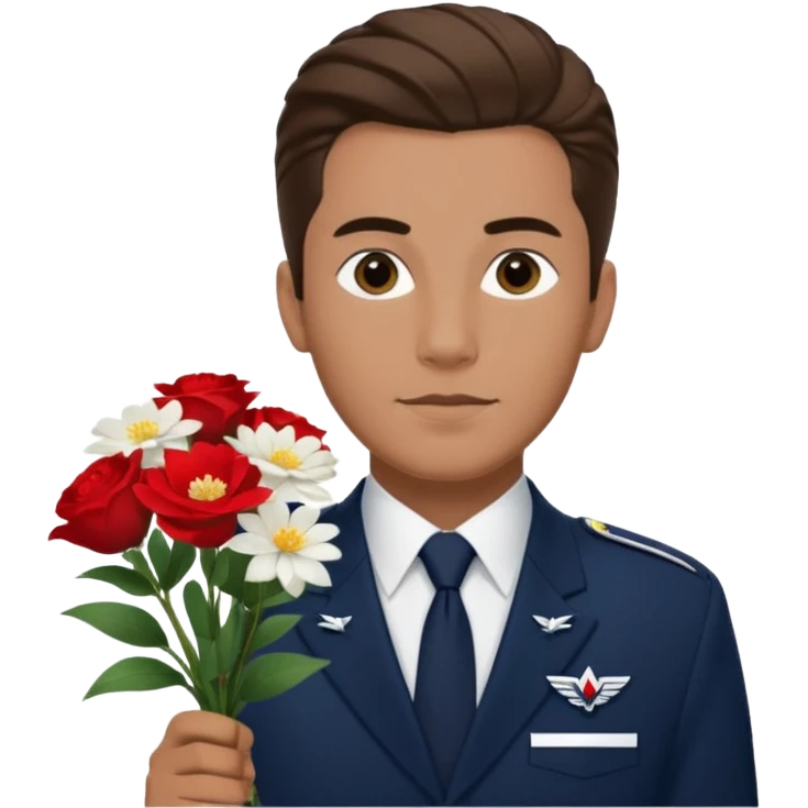 Homme avec bouquet fleurs blanches, avec uniforme bleu foncé cravate rouge comme Air France, arabe raie sur le côté sans chapeau juste insigne sans bouton manchette et un peu bronzée  emoji