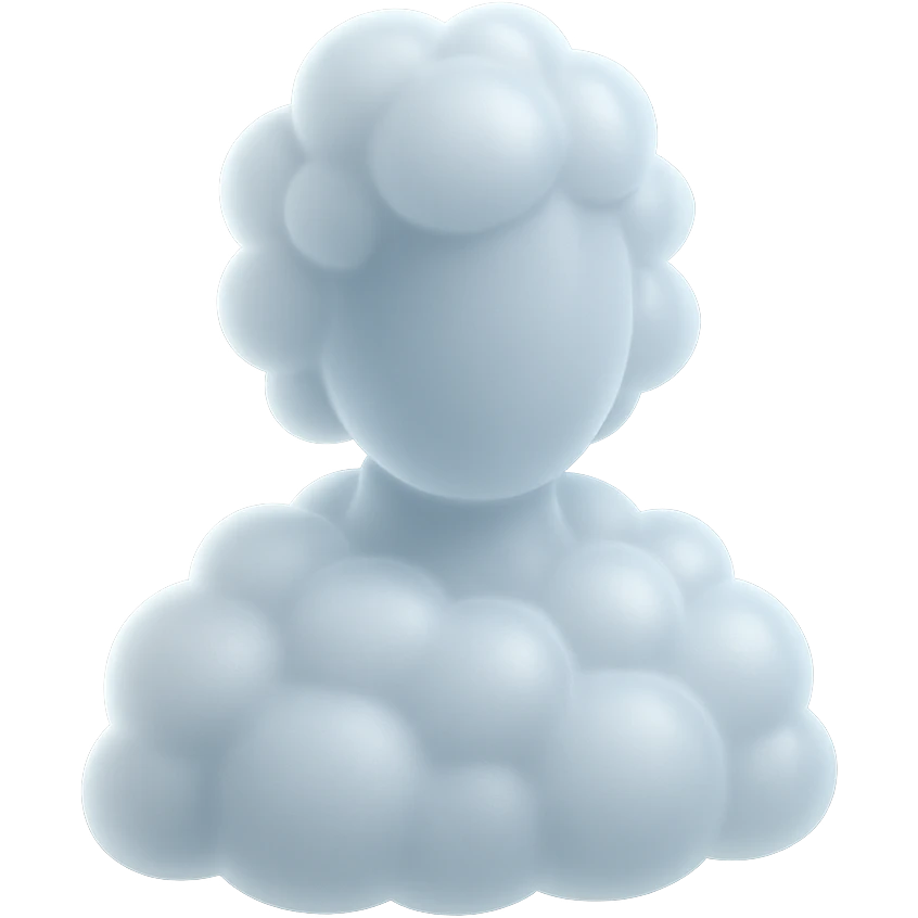 person from shoulders up, fully composed of white fluffy convex clouds, matte glass style emoji