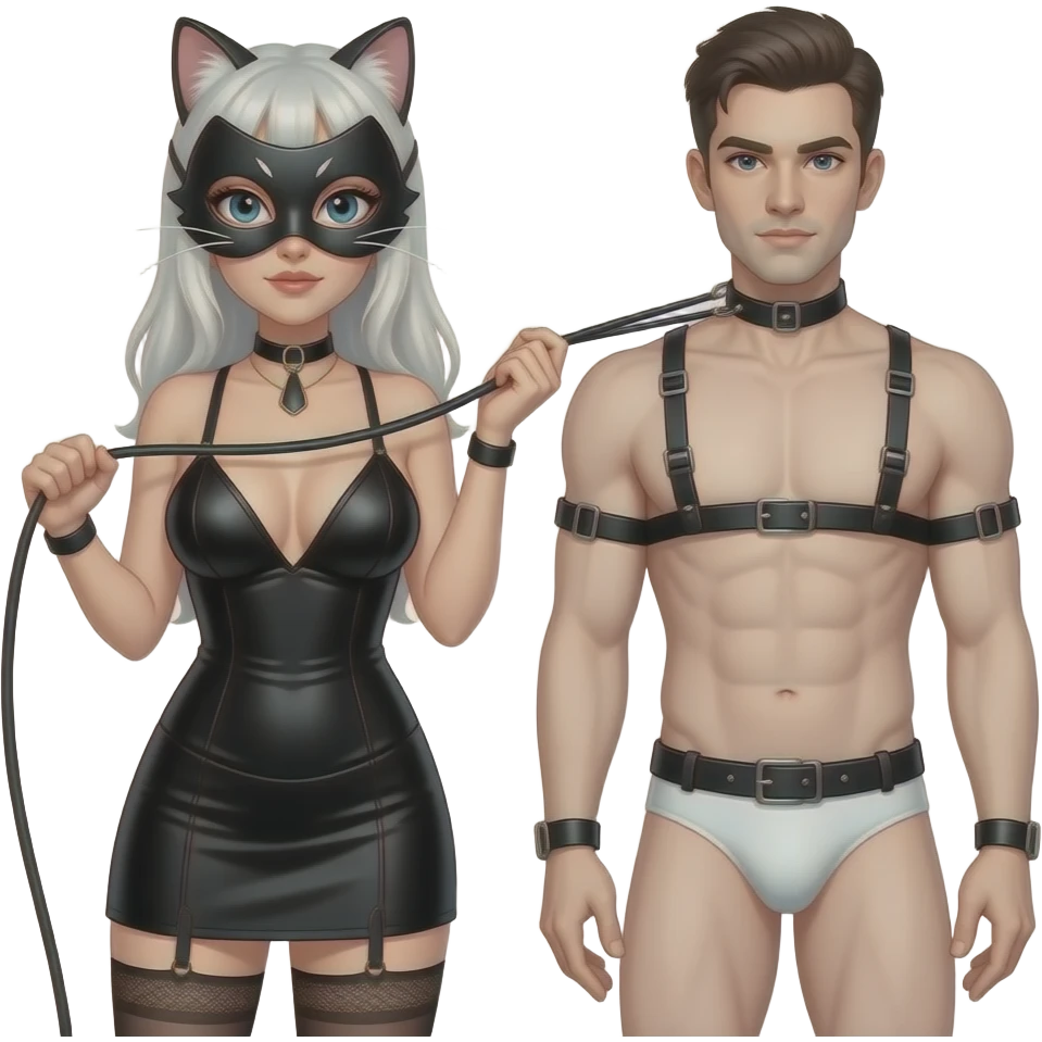 White brunette dominatrix with a cat mask whipping a White slave in chastity emoji