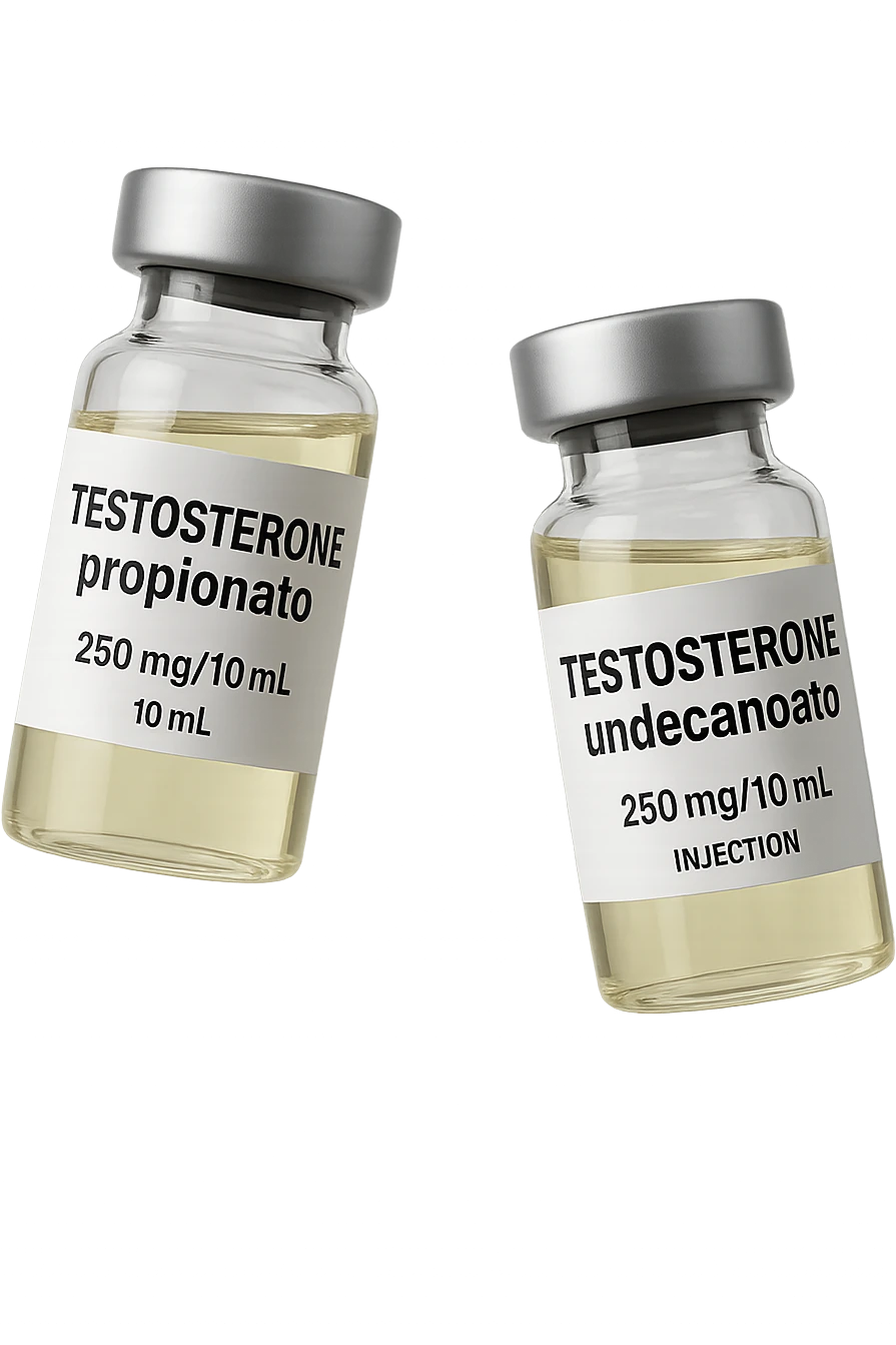due fiale mediche, una con la scritta "TESTOSTERONE propionato" SULL'ETICHETTA E L'ALTRO CON LA SCRITTA "TESTOSTERONE undecanoato", FLUTTUANO IN ARIA emoji