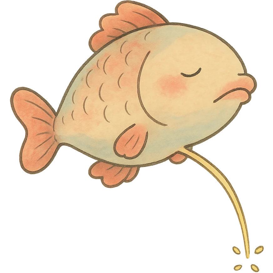 ghibli style whimsical fish peeing with soft colors emoji