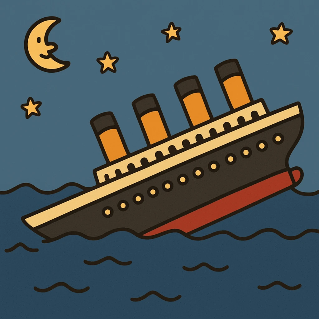 cartoonish gif of the Titanic sinking, playful style, simple colors emoji