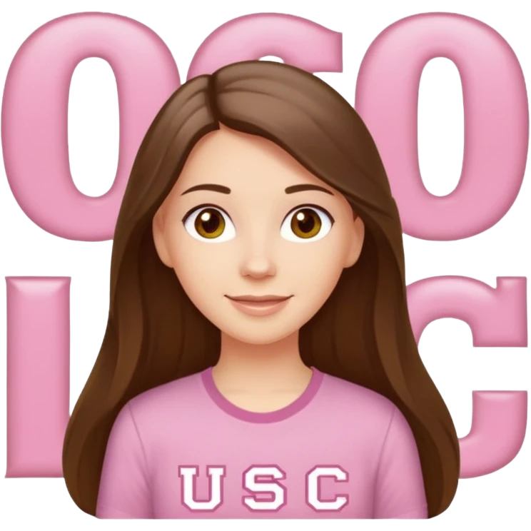 happy white long brunette hair girl with hazel eyes and in a light pink shirt with the letters USC in white emoji