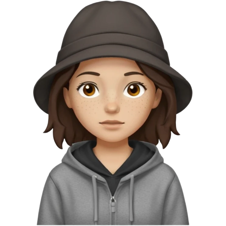 Hobo tomboy with light skin, freckles, shoulder-length center-parted dark brown hair. brown eyes, dark brown hoodie, grey shirt. Black flat brimmed hat emoji
