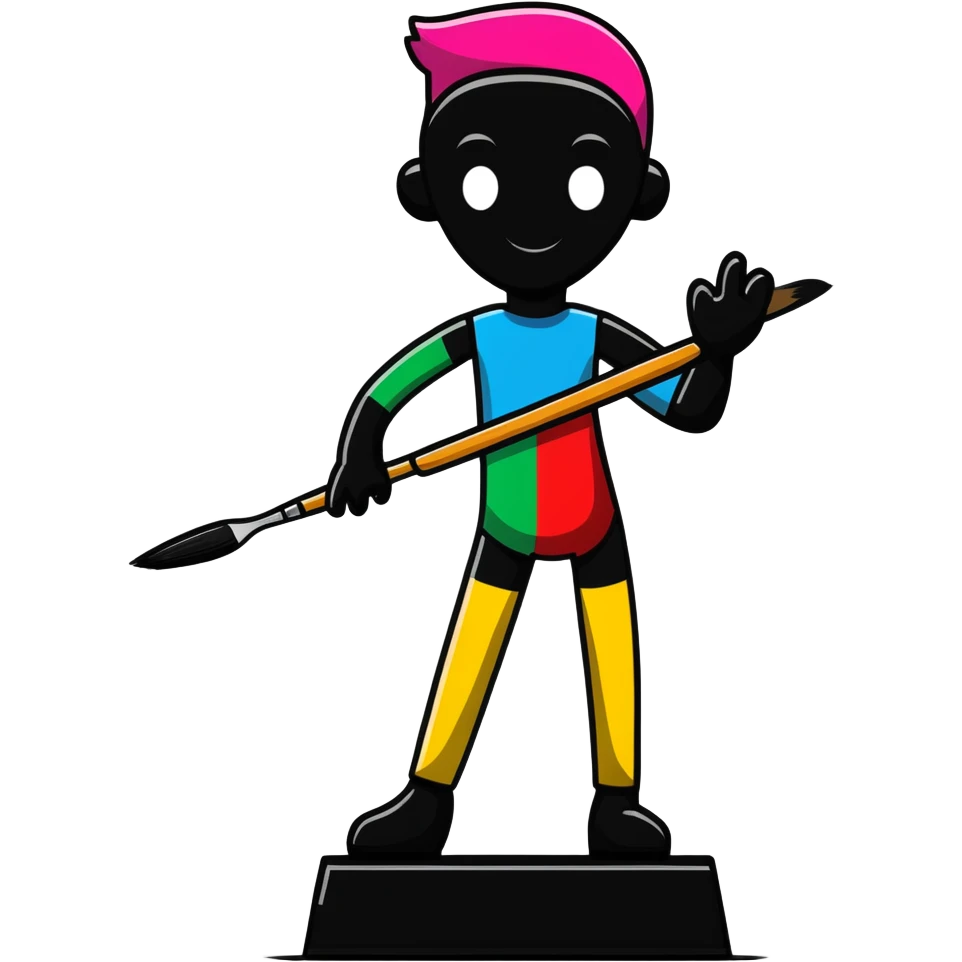 A paintbrush transforming into a 3D metal human silhouette sculpture, symbol of artistic identity, with defined sculptural details emoji