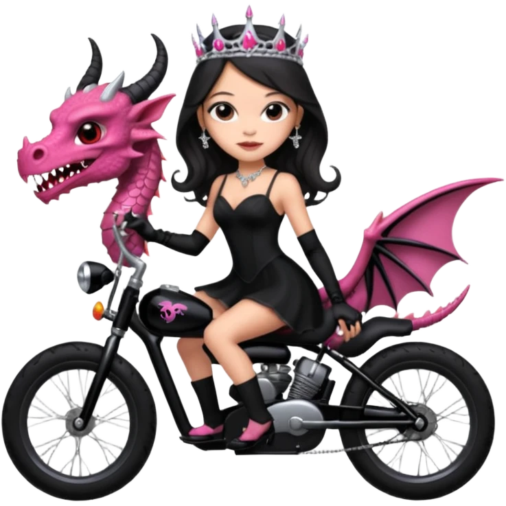  black evening gown with see-through gloves, Jenna Ortega as beautiful Addams woman prom queen wearing a mini tiara, very large blood  pink evil-looking horned old dragon bike emoji