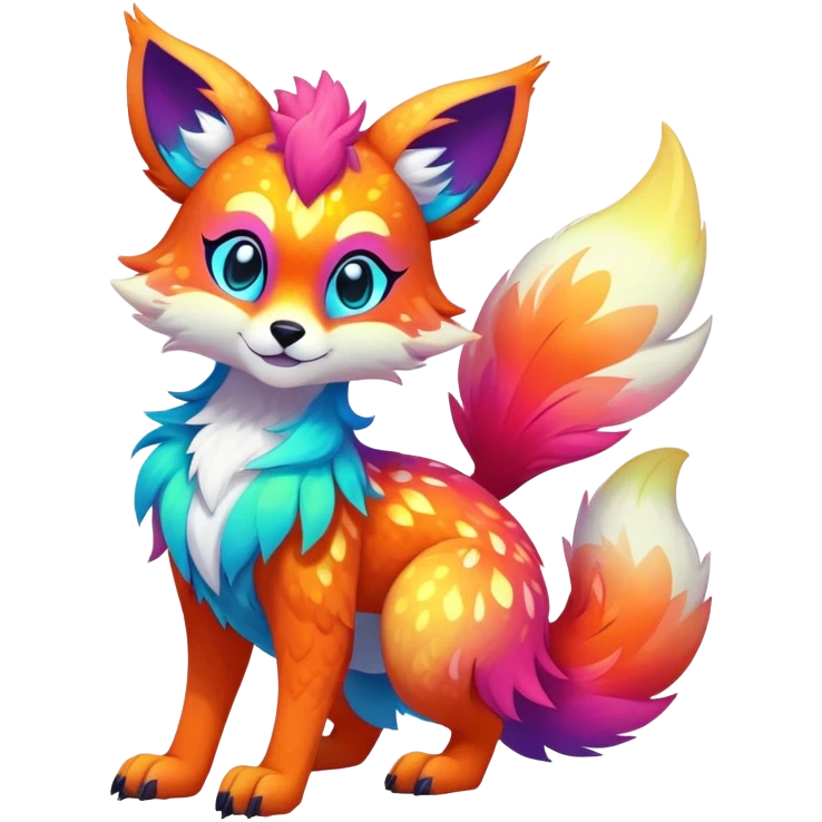 Vibrant multicolored neon-colored Falvie-Fionbri-creature-sparkle-hybrid-fursona, full body, fur pattern-markings emoji