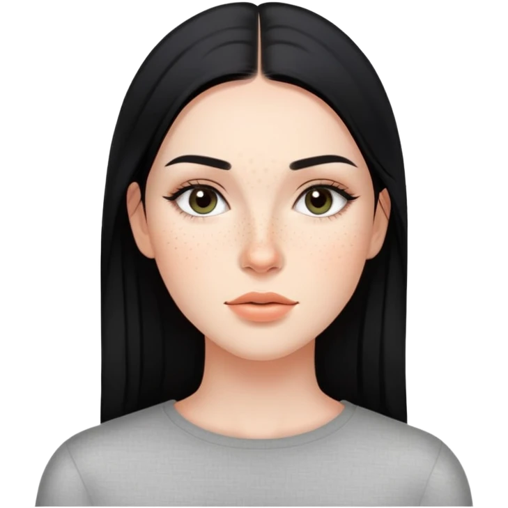 young woman with sleek black straight hair, natural makeup, and freckles across cheeks emoji