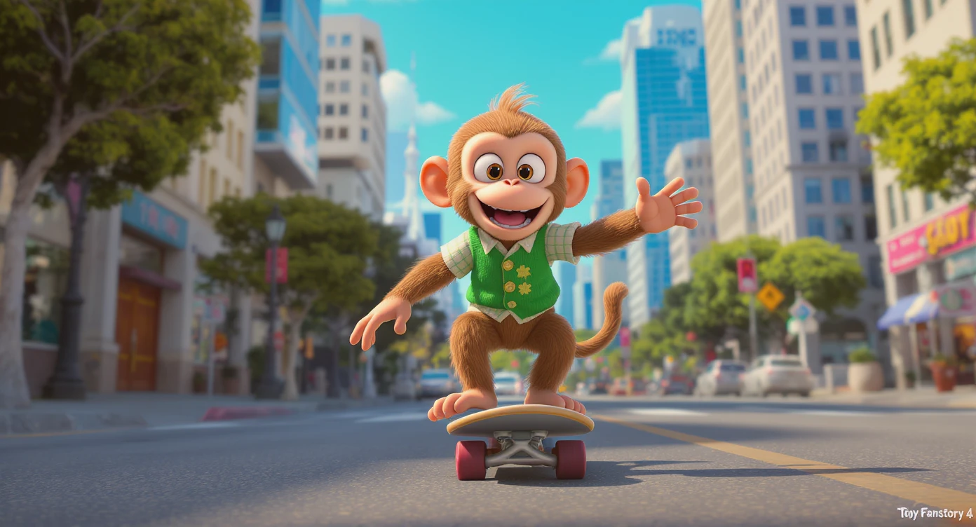 Disney style Cinematic still scane, Low angle shot, monkey dress in green outfit, monkey ride on skateboard, san francisno downtown with city lanscape, blue clean sky, captured by ARRI Alexa XT, soft cinematic lightning, back light, inspired by ToyStory 4 emoji