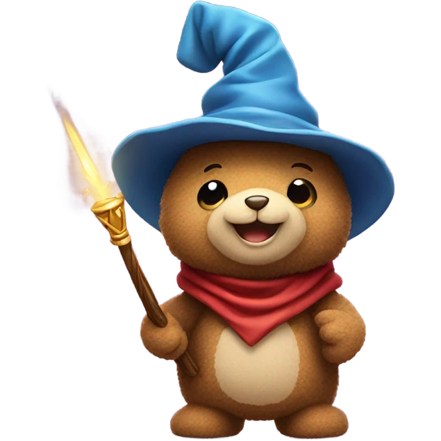 Cute teddy bear character wearing a wizard hat, holding a wand and smiling emoji