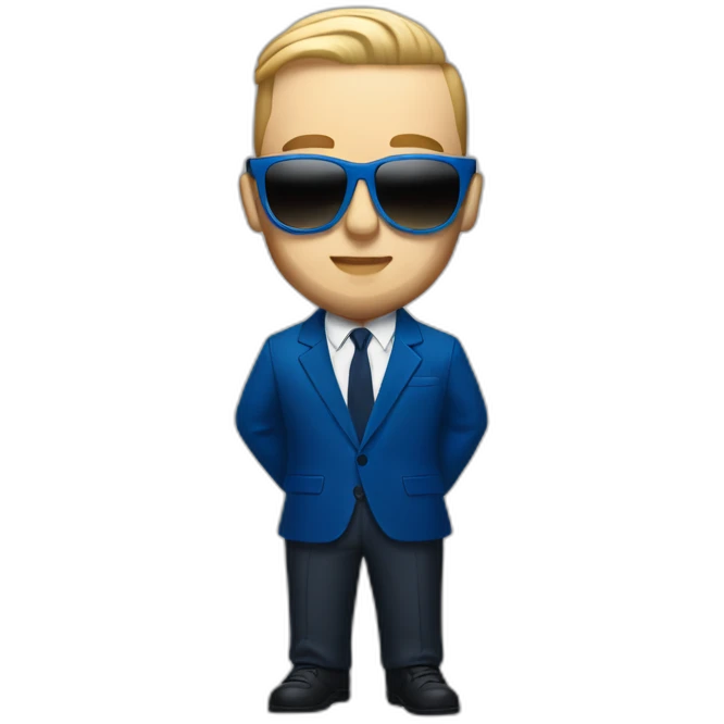 realism mac miller with a blonde comb over skin fade wearing a blue suit and sunglasses emoji