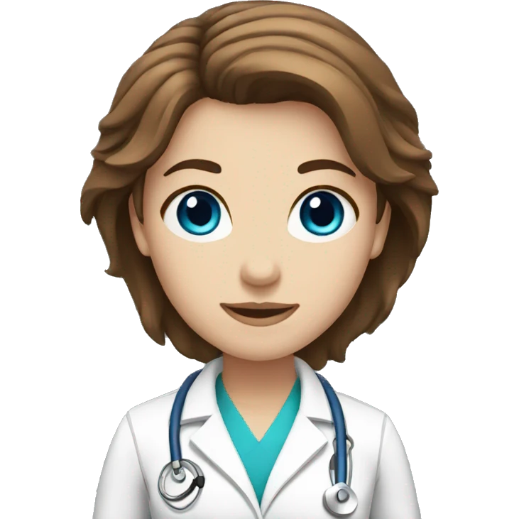 brown hair, blue eyes, female doctor emoji emoji