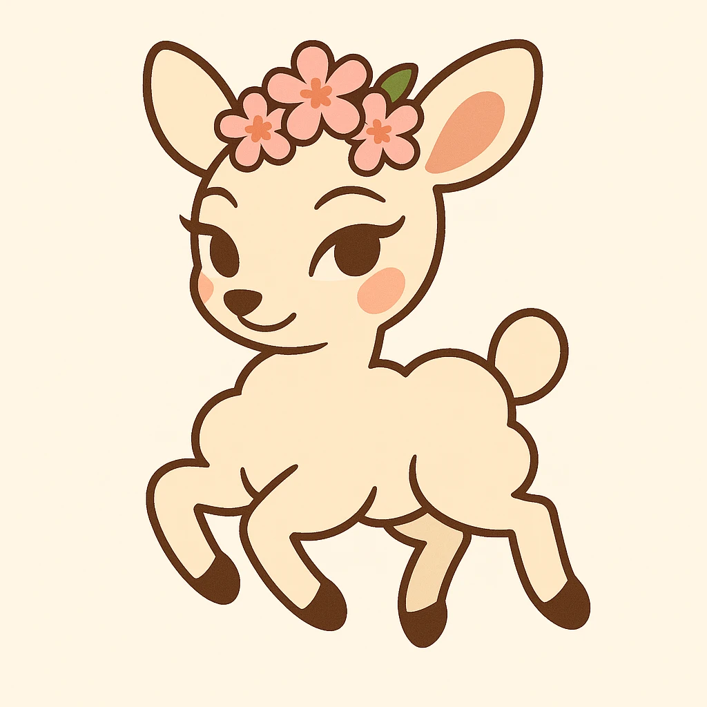 Simplify this feminine vanilla cloud doe with rosy cheeks and cherry flowers on its head, floating gracefully, into a clean, minimal style while keeping Pixar-inspired charm. Emphasize confidence, charm, and subtle allure, suitable for a social media brand mascot. The result should be soft, approachable, and easy to recognize at small sizes. Render in a clean, minimal style with Pixar-inspired charm. emoji