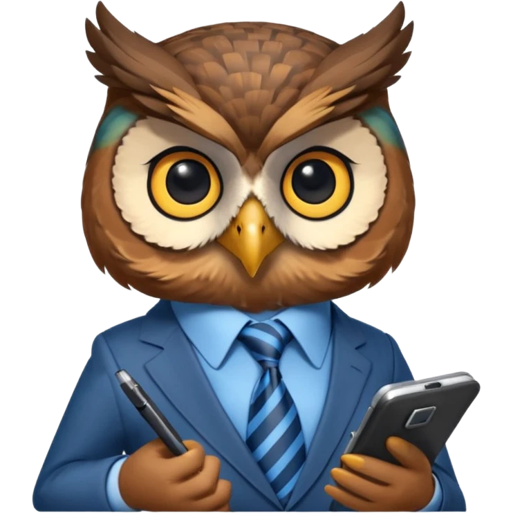 Сова в галстуке держит телефон крылом, внимательно слушает, блокнот под лапой  emoji