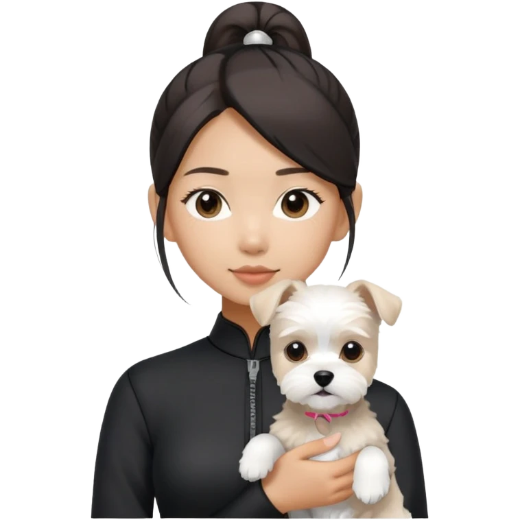Asian girl (black fitted outfit with pony tail hair without bang) holding a white Maltese-schnauzer mixed dog emoji