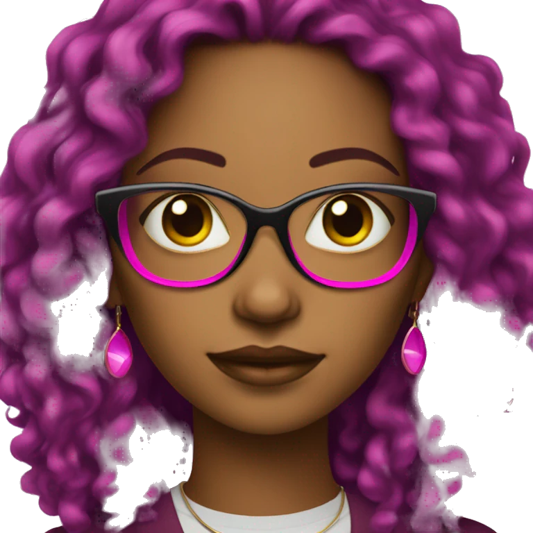 black women with earrings with fuchsia glasses with long black curly hair emoji