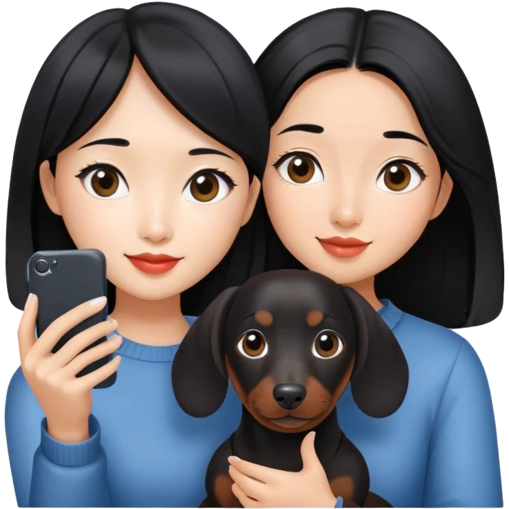 black hair asian girl taking selfie with black dachshund emoji