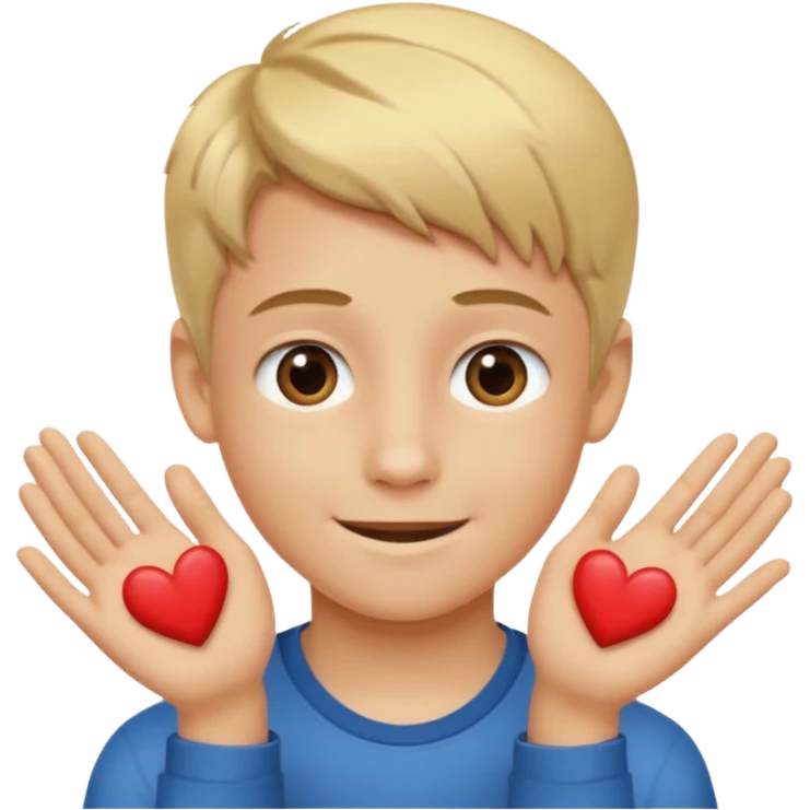 Un garçon blond aux yeux marrons de 13 ans qui tient avec ses mains un L avec des cœurs autour de son visage emoji