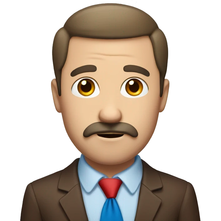 man balding at the crown, brown hair, brown eyes, moustache, red shirt, blue tie, shocked emoji