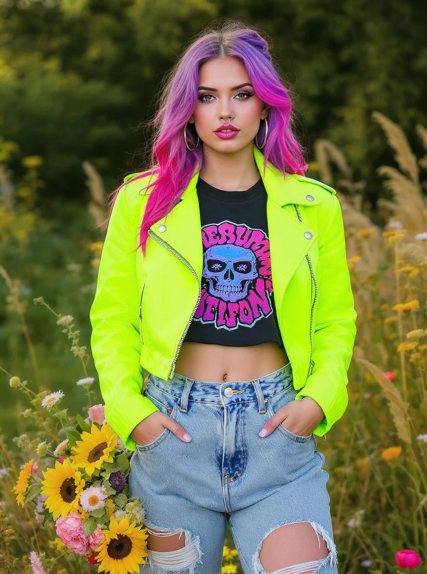 Closeup photo of a woman around colorfull flowers wearing alternative fashion emoji