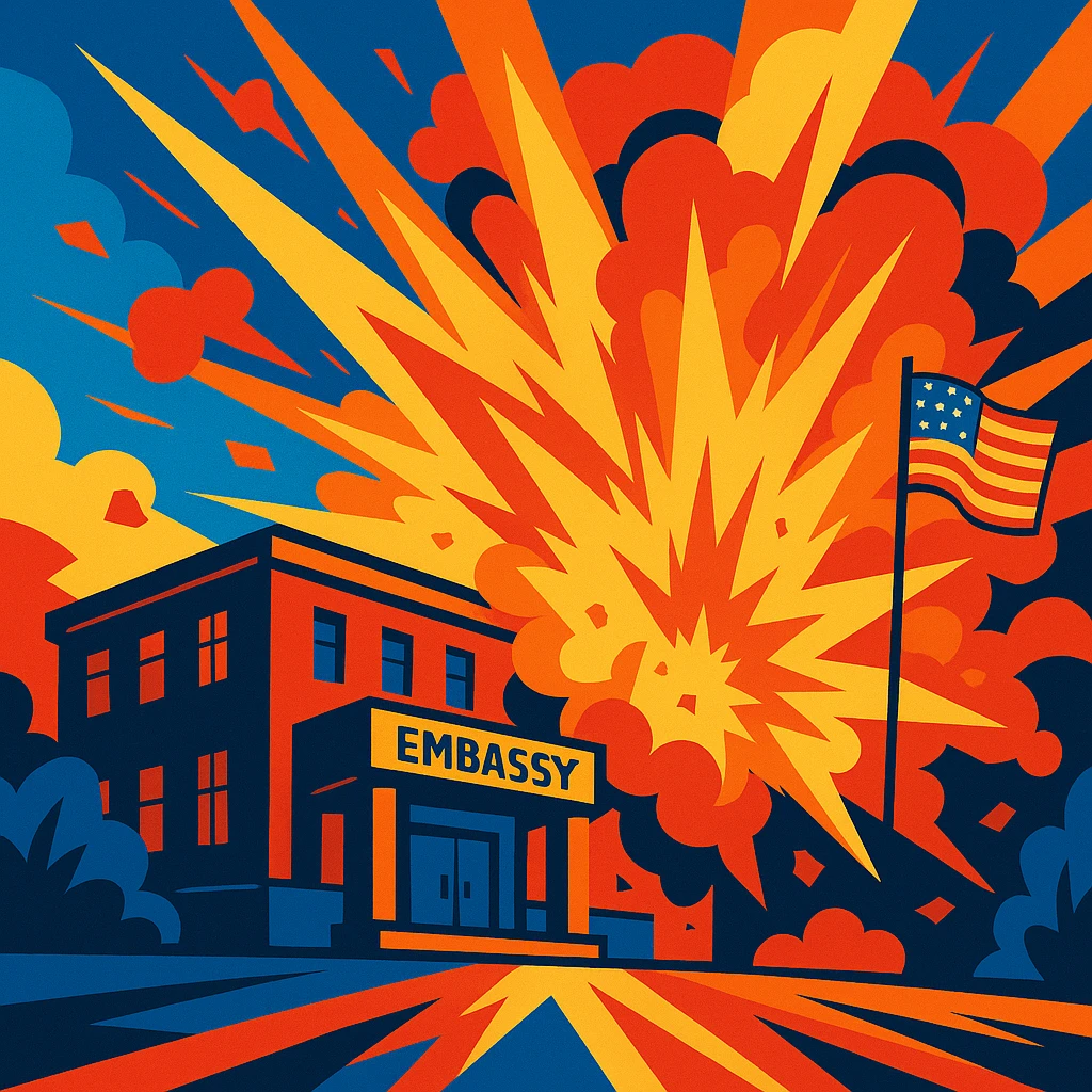 an embassy with a dramatic explosion, vibrant colors, dynamic action emoji