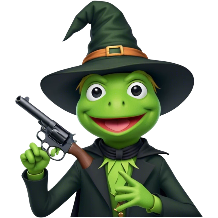 Kermit the frog wearing a witch hat pointing a gun at himself emoji