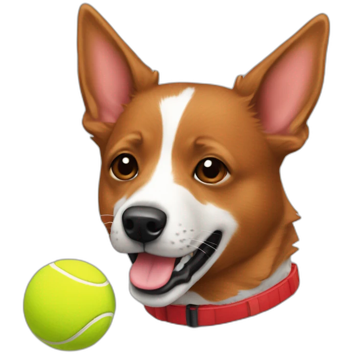 Red heeler with red collar catching a tennis ball emoji