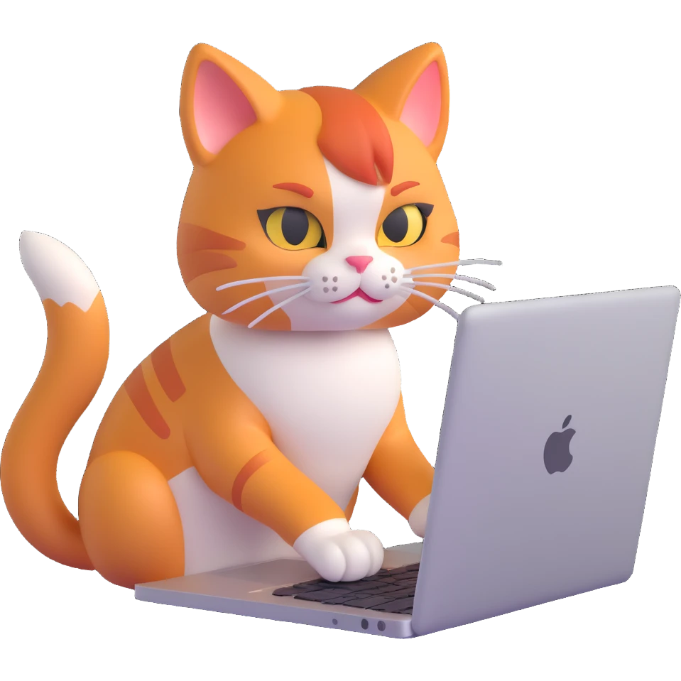 redhead cat typing intensely on a MacBook, determined expression, playful style emoji