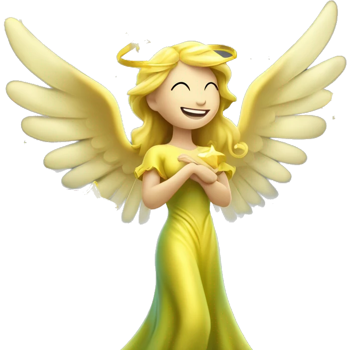 money angel fair skinned with loveing smile a lady in yellow whitish greenish long gown with huge golden wings abundance wealth prosperity stars money just flowing around her emoji