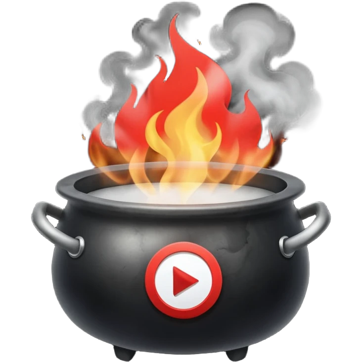 A black cauldron with lot of smoke rising, and the white YouTube play button logo floating above the smoke, red fire on the bottom emoji