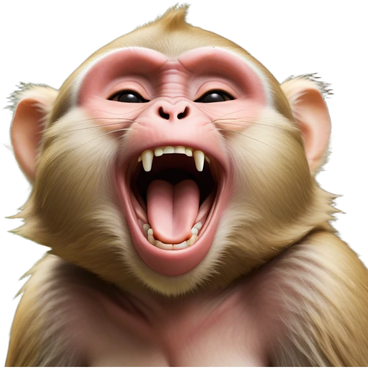 Cinematic Cute Yawning Macaque Portrait Emoji, Head tilted slightly with a dramatic, wide-open yawn, showcasing a gently textured face with half-closed, sleepy eyes and an open, relaxed mouth, Simplified yet irresistibly adorable features, highly detailed, glowing with a soft, cozy glow, high shine, relaxed yet expressive, stylized with a dash of whimsical charm, soft glowing outline, capturing the essence of a drowsy yet affectionate primate that appears ready to stretch out for a nap! emoji