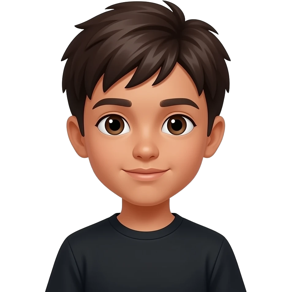 um menino de 13 anos com cara de 12, ele tem cabelo marrom escuro e pele pardo escuro, o olho dele  é castanho escuro e ele está usando uma camisa preta emoji