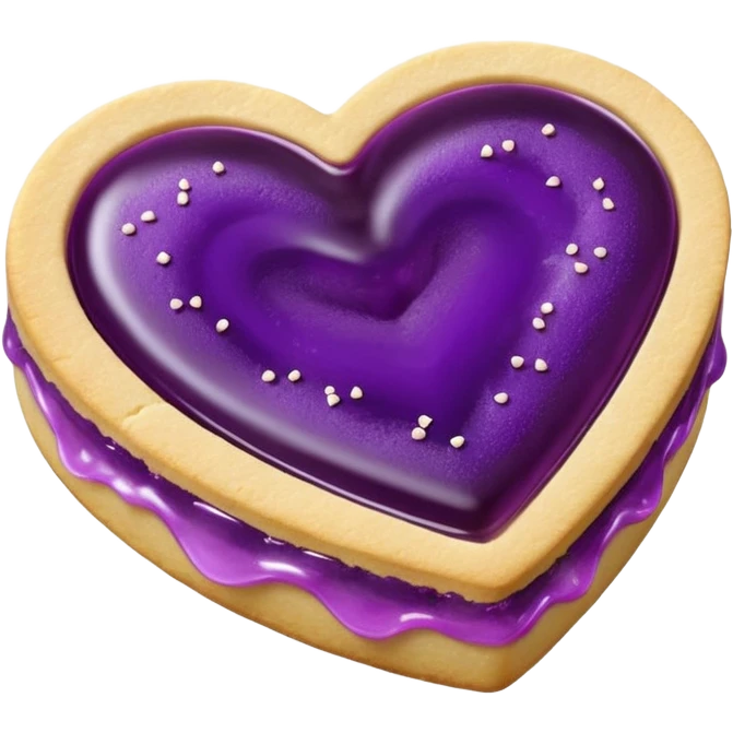 Realistic shortbread cookie in the shape of a heart with violet jelly middle filling and sprinkled powder sugar on top. emoji