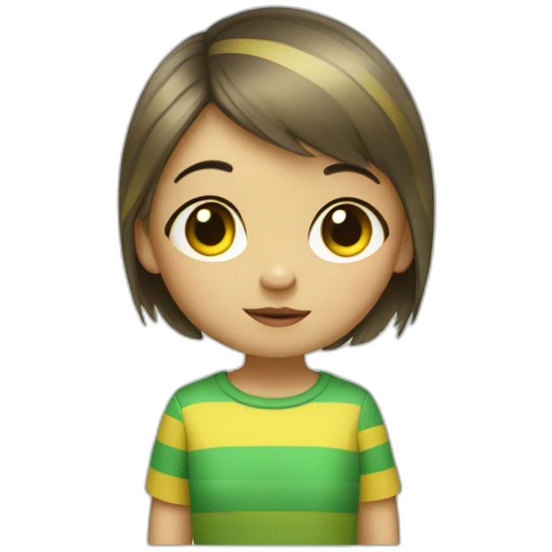 little girl with short hair wears striped green and yellow shirt giving a thumbs down emoji