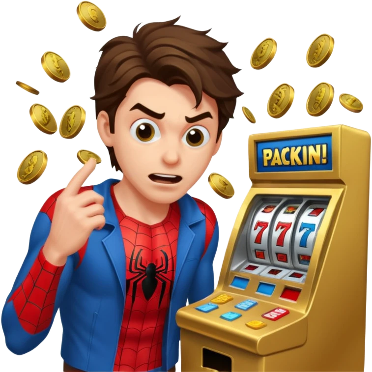 disheveled spiderman losing money at a slot machine, panicked face, coins flying emoji