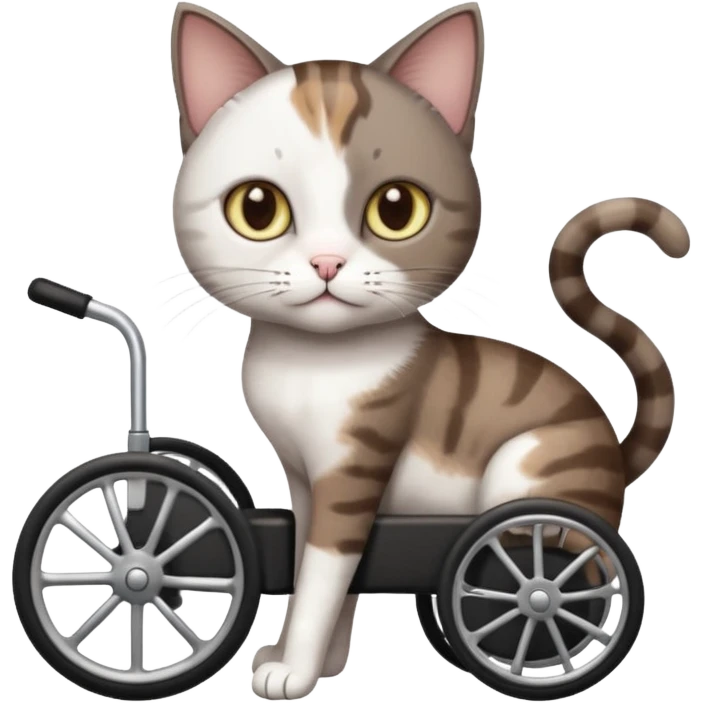 full body small short hair dark brown and white cat with hazel eyes walking in a wheelchair for cats emoji