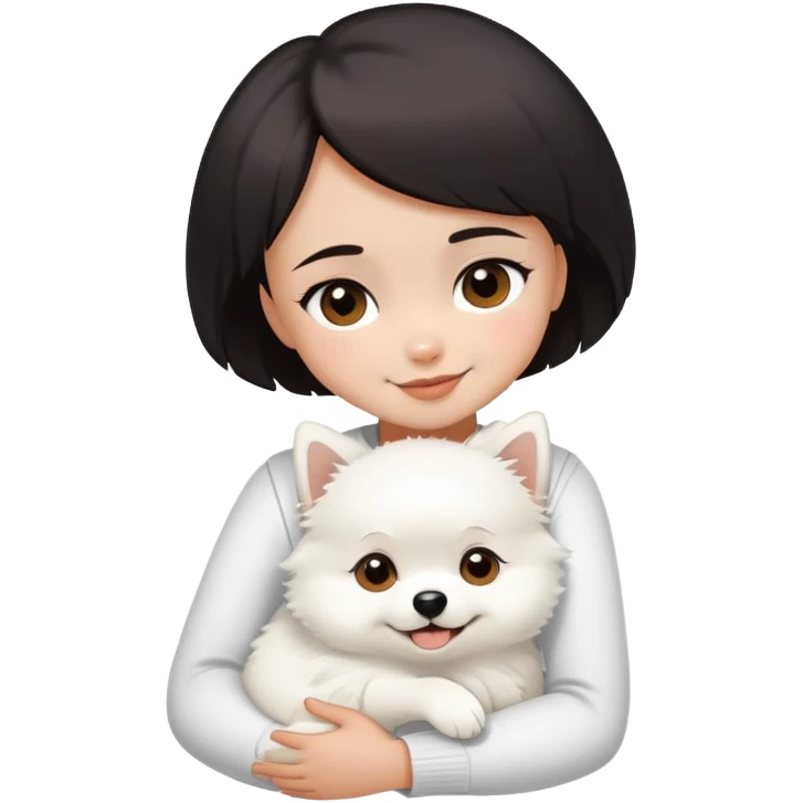 A black short-haired girl happily hugs a white Pomeranian emoji
