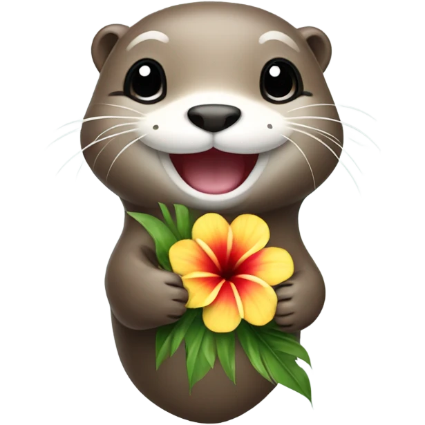 A happy and cute otter face holding a Hawaiian flower emoji