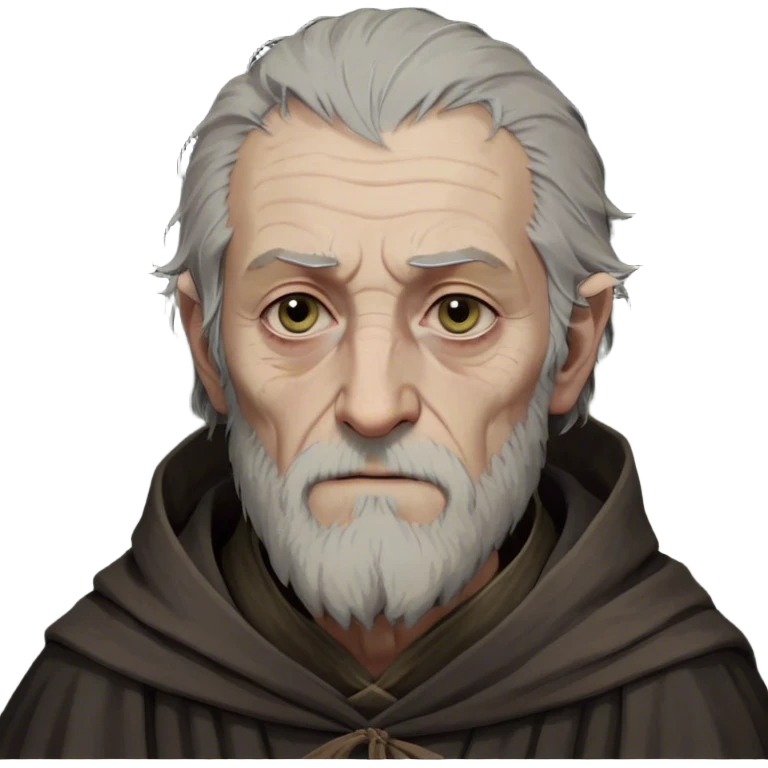 Qyburn from game of thrones, Qyburn is a thin, aging man with a gaunt, almost skeletal face and pale, sallow skin. His wispy gray hair and short, scruffy beard give him an unkempt look, and his cold, calculating eyes make him seem eerily detached. He wears simple, dark robes, lacking the grandeur of a typical maester, as he was stripped of his title for his unethical experiments. His soft-spoken yet chilling demeanor makes him unsettling to those around him. emoji