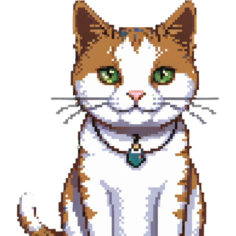 pixel art of a cat in a white top, brown spot on shirt, comical expression emoji