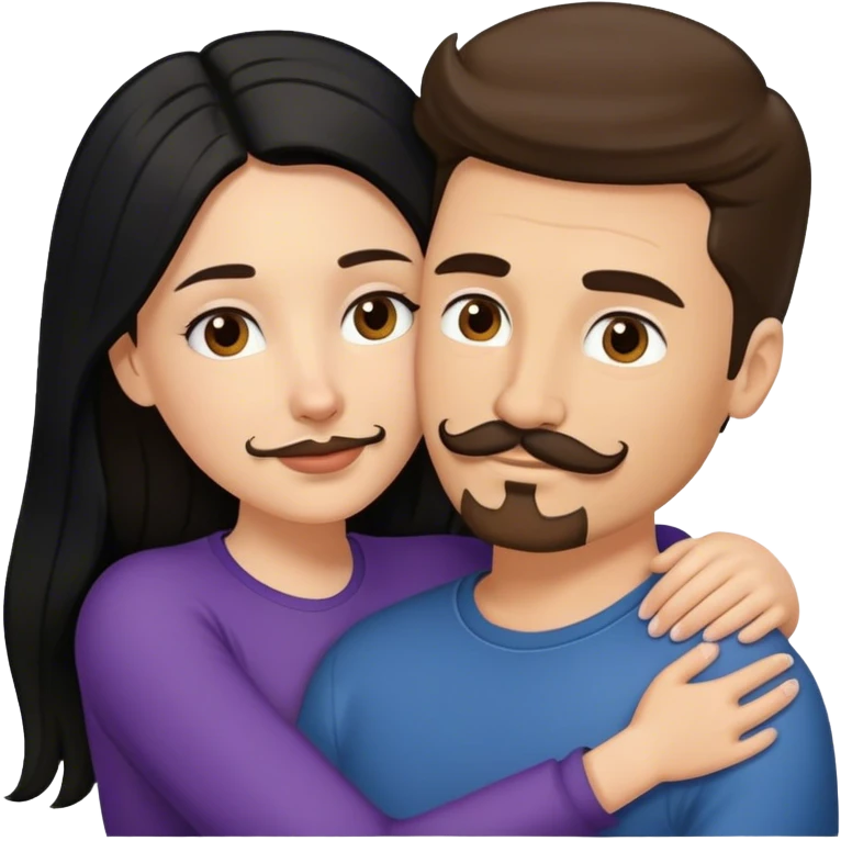 a white girl with long black hair hugging a white guy with brown hair goatee mustache emoji