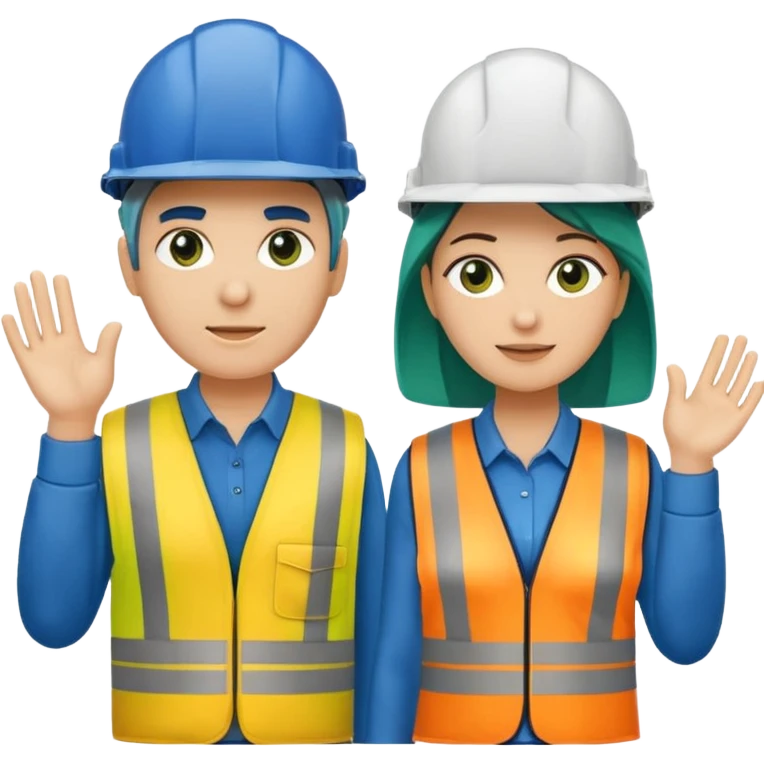 Um homem e uma mulher amarelos com capacete de obras ambos azul escuro e camisa social cinza com faixas refletivas verdes nos braços. Um deles deve estar segurando um megafone emoji