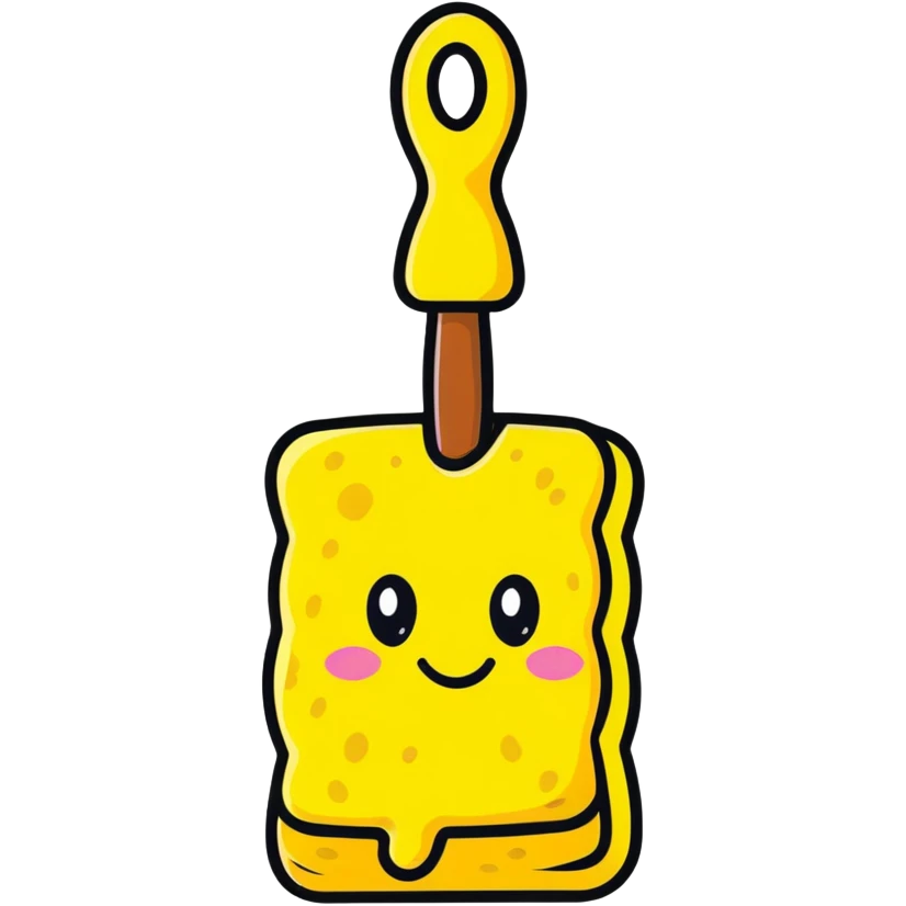 A cheerful yellow kitchen sponge with a cute smiling face and eyes emoji