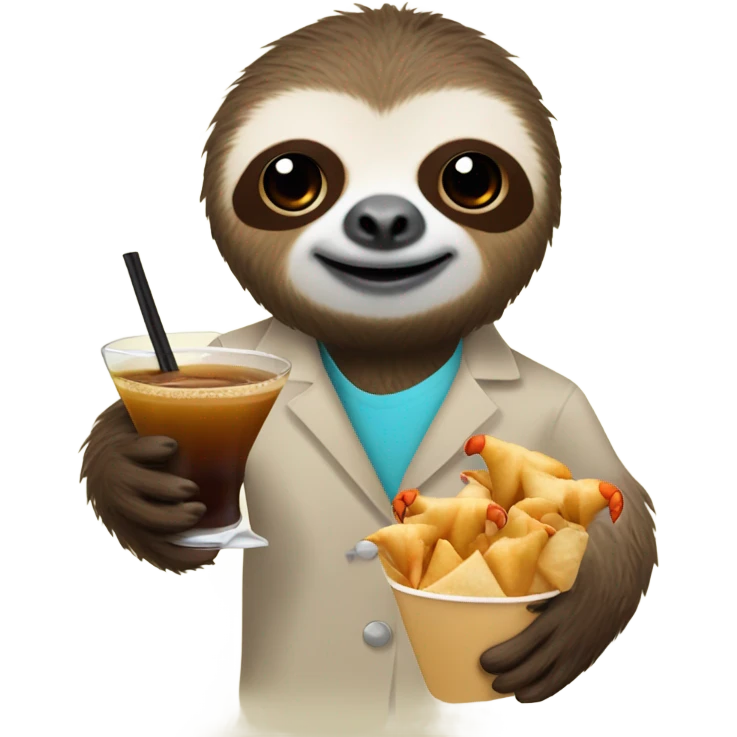 Sloth holding a crab Rangoon and espresso martini emoji