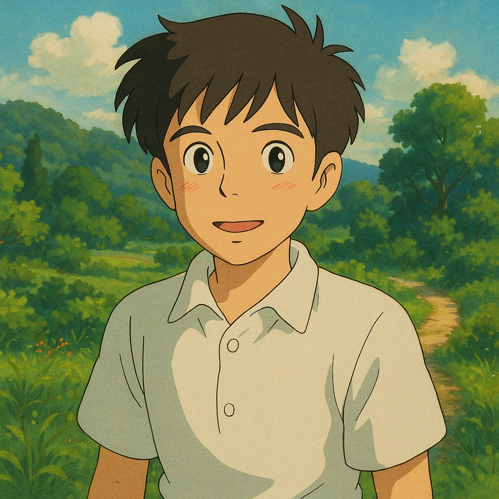 male torso point of view in ghibli style, detailed and expressive emoji