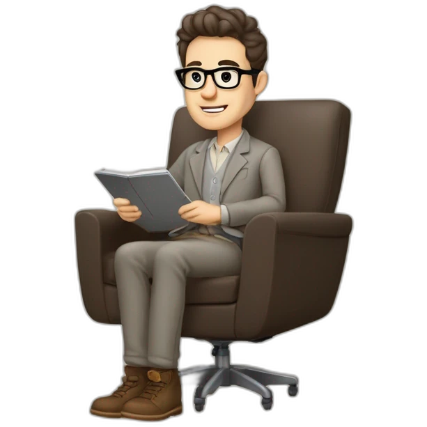 Pale skinned Fit Man With dark brown hair in gray jacket, beige office shirt, Brown pants and vintage glasses sitting In a soft chair with a notebook on spring with emblem Ψ and a pen emoji