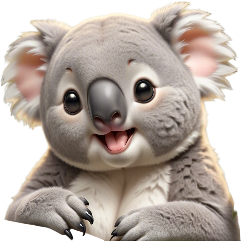 Cinematic Cute Yawning Koala Portrait Emoji, Head tilted slightly with a dramatic, wide-open yawn, showcasing a soft, downy grey fur with drooping ears and round eyes barely open in drowsy contentment, Simplified yet irresistibly adorable features, highly detailed, glowing with a soft, cozy glow, high shine, relaxed yet expressive, stylized with a touch of gentle whimsy, bright and endearing, soft glowing outline, capturing the essence of a sleepy yet affectionate koala, so drowsy it feels like it could stretch out of the screen and curl up for a nap! emoji