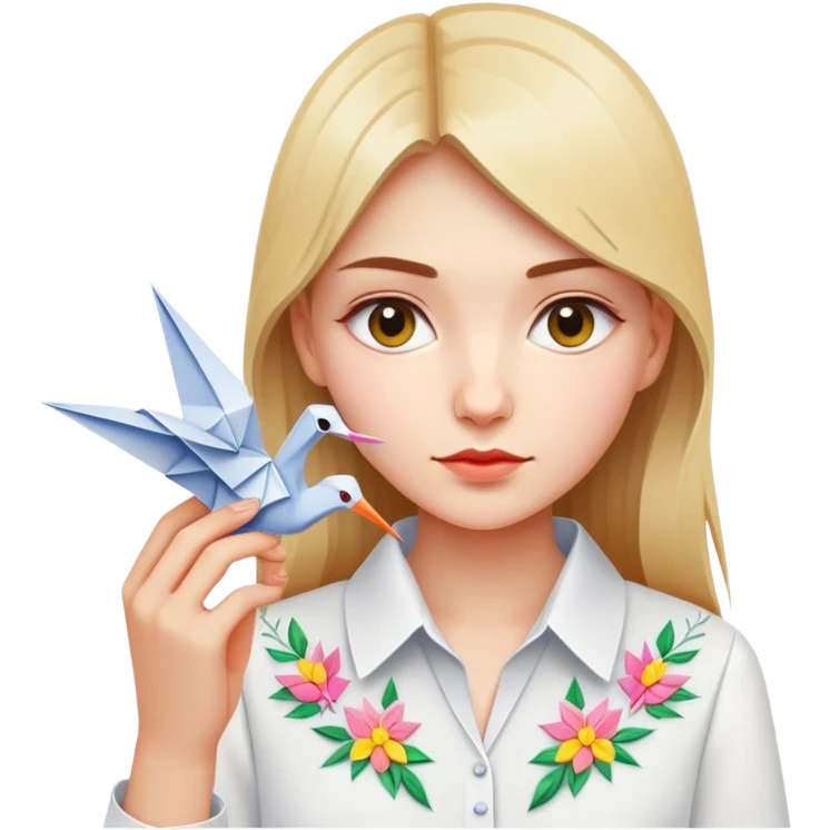 Ukrainian young girl in a white embroidered shirt holds an origami crane emoji