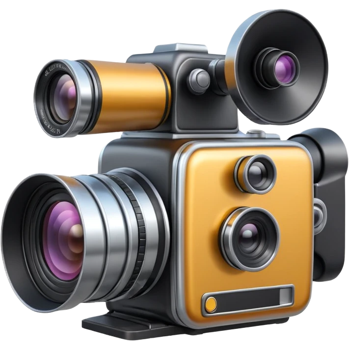 Minimal emoji icon of a huge cinematic metalic camera, front view, simple shapes, realistic lens,  emoji